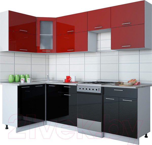 Изображение товара Кухонный гарнитур Интерлиния Gloss 50-12x25 (бордовый/черный глянец)