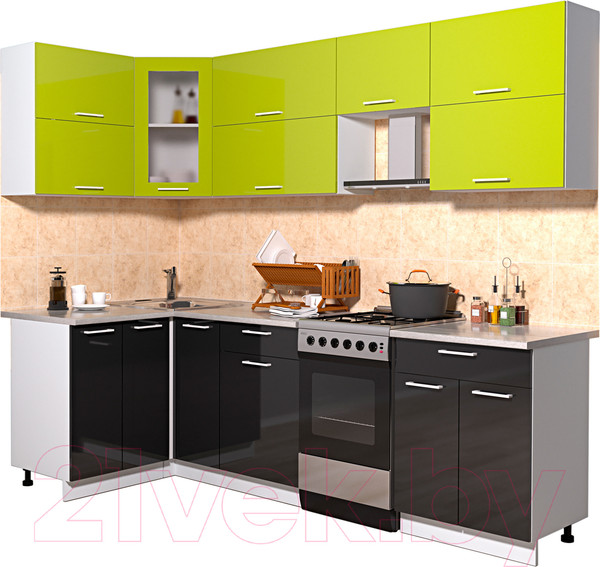 Изображение товара Кухонный гарнитур Интерлиния Мила Gloss 50-12x25 (яблоко/черный глянец)
