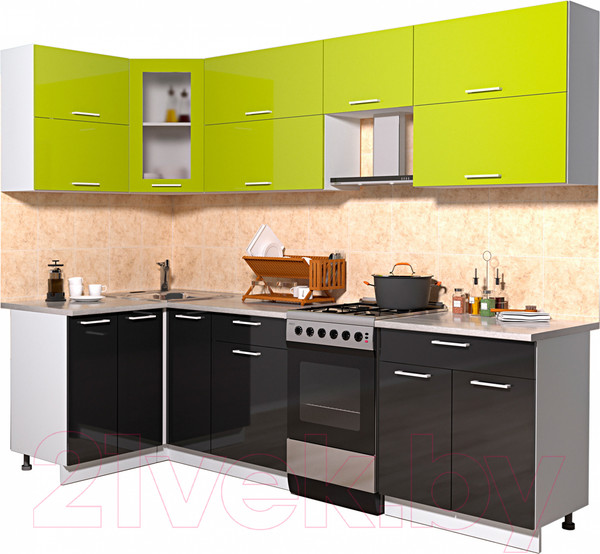 Изображение товара Кухонный гарнитур Интерлиния Мила Gloss 50-12x26 (яблоко/черный глянец)