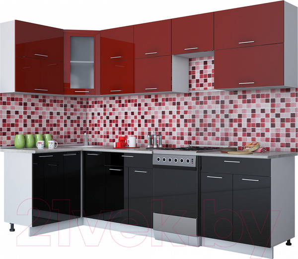 Изображение товара Кухонный гарнитур Интерлиния Мила Gloss 50-12x28 (бордовый/черный глянец)