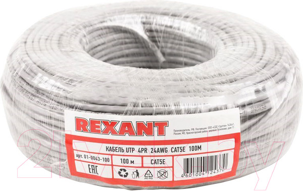 Изображение товара Кабель Rexant UTP 4PR 24AWG CU CAT5e PVC / 01-0043-100 (100м, серый)
