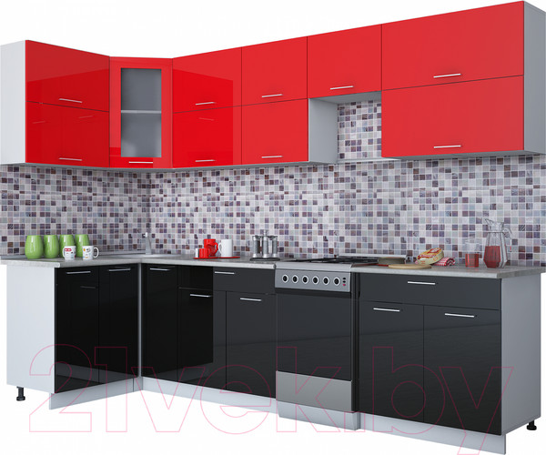 Изображение товара Кухонный гарнитур Интерлиния Мила Gloss 50-12x30 (красный/черный глянец)