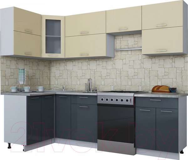 Изображение товара Кухонный гарнитур Интерлиния Мила Gloss 60-12x26 (ваниль/асфальт глянец)