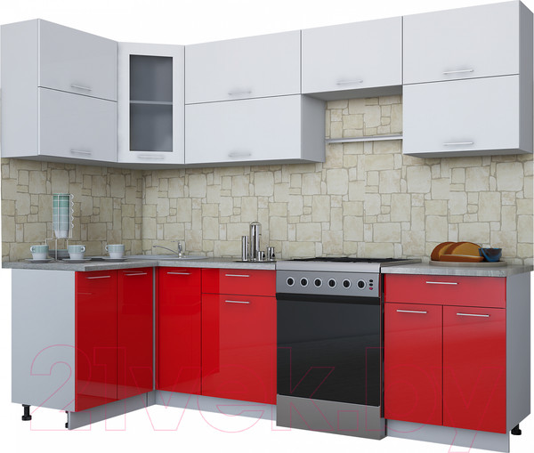 Изображение товара Кухонный гарнитур Интерлиния Мила Gloss 60-12x26 (белый/красный глянец)