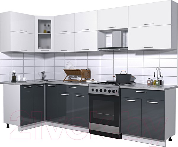 Изображение товара Кухонный гарнитур Интерлиния Мила Gloss 60-12x29 (белый/асфальт глянец)
