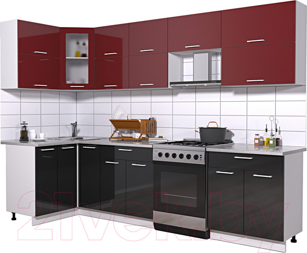 Изображение товара Кухонный гарнитур Интерлиния Мила Gloss 60-12x29 (бордовый/черный глянец)