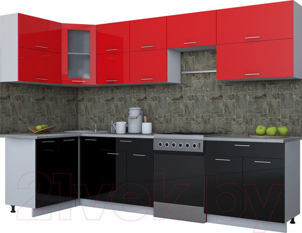 Изображение товара Кухонный гарнитур Интерлиния Мила Gloss 60-12x30 (красный/черный глянец)
