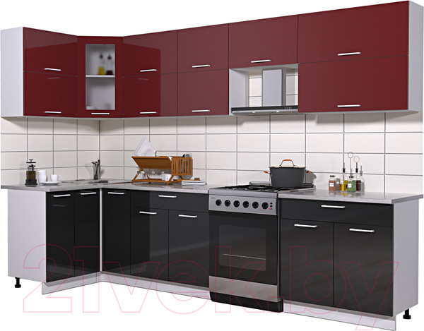 Изображение товара Кухонный гарнитур Интерлиния Мила Gloss 60-12x31 (бордовый/черный глянец)