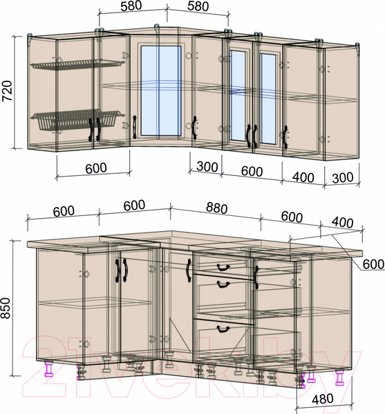 Изображение товара Кухонный гарнитур Интерлиния Мила Крафт 1.2x1.9 (дуб английский)