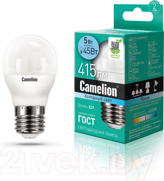 Изображение товара Лампа Camelion LED5-G45-845-E27 / 12030