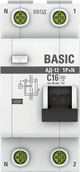 Изображение товара Дифференциальный автомат EKF Basic АД-12 1P+N 16А 30мА АС C / DA12-16-30-bas
