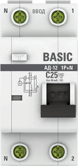 Изображение товара Дифференциальный автомат EKF Basic АД-12 1P+N 25А 30мА АС C / DA12-25-30-bas