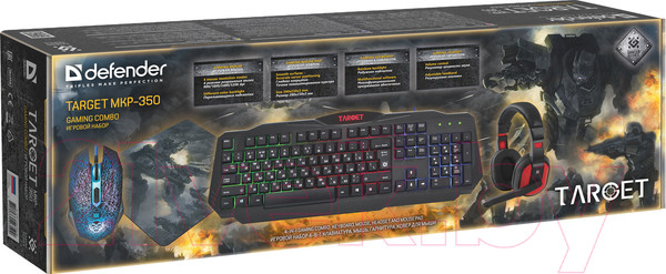 Изображение товара Комплект клавиатура и мышь Defender Target MKP-350 / 52350 (с ковриком и наушниками)