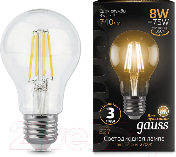 Изображение товара Лампа Gauss Filament E27 8W 2700K/3000K / 102802108