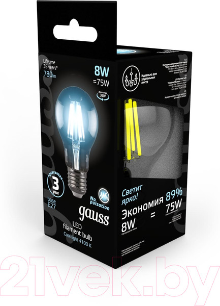 Изображение товара Лампа Gauss Filament E27 8W 4100K / 102802208