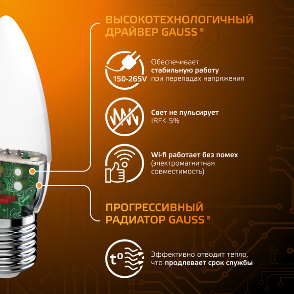 Изображение товара Лампа Gauss Candle E27 6.5W 2700К/3000K / 103102107