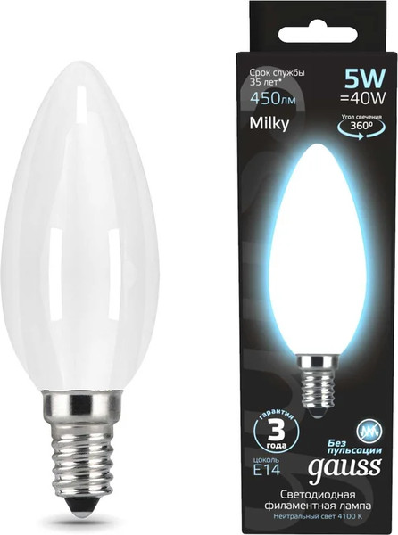 Изображение товара Лампа Gauss Filament Свеча 5W 450lm 4100К Е14 Milky / 103201205
