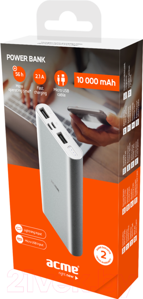 Изображение товара Портативное зарядное устройство Acme PB15S Powerbank 10000mAh Silver / 503340