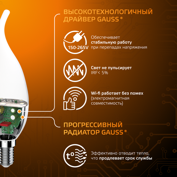 Изображение товара Лампа Gauss Свеча на ветру 6.5W 520lm 3000K E14 / 104101107