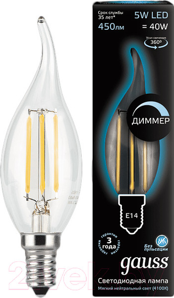 Изображение товара Лампа Gauss Filament Candle E14 5W 4100K / 104801205-D