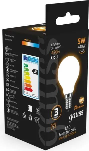 Изображение товара Лампа Gauss Filament Globe E14 5W 2700K / 105201105 (Opal/Milky)