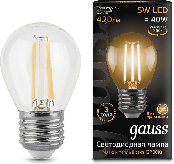 Изображение товара Лампа Gauss Filament Шар 5W 420lm 2700К Е27 / 105802105