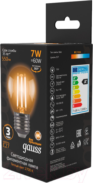 Изображение товара Лампа Gauss Filament Шар 7W 550lm 2700К Е27 / 105802107