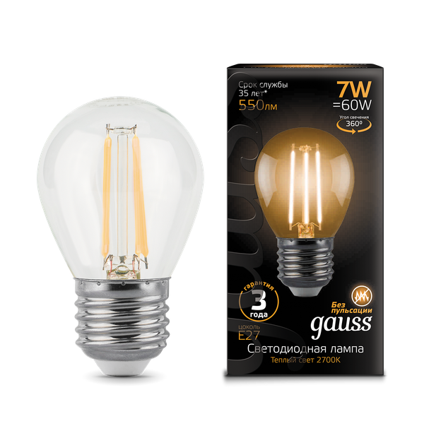 Изображение товара Лампа Gauss Filament Шар 7W 550lm 2700К Е27 / 105802107