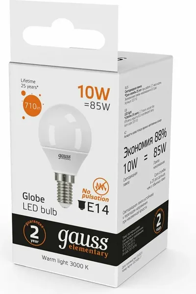 Изображение товара Лампа Gauss Elementary Шар 10W 710lm 3000K Е14 / 53110