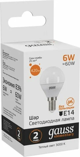 Изображение товара Лампа Gauss Elementary Globe E14 6W 2700К/3000K / 53116