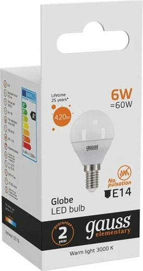 Изображение товара Лампа Gauss Elementary Globe E14 6W 2700К/3000K / 53116
