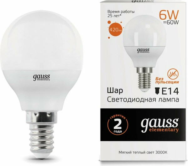 Изображение товара Лампа Gauss Elementary Globe E14 6W 2700К/3000K / 53116