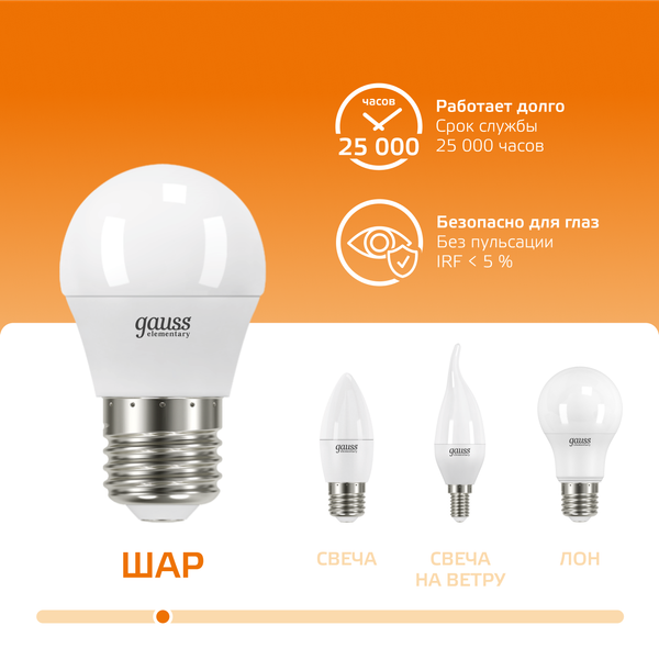 Изображение товара Лампа Gauss Elementary Globe E14 6W 2700К/3000K / 53116
