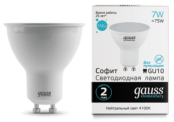 Изображение товара Лампа Gauss Elementary MR16 7W 550lm 4100К GU10 / 13627