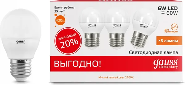 Изображение товара Лампа Gauss Elementary Globe E27 6W 2700K/3000K / 53216T (3шт)