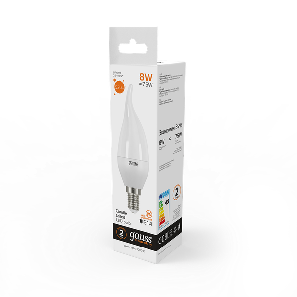 Изображение товара Лампа Gauss Elementary Свеча на ветру 8W 520lm 3000K Е14 / 34118