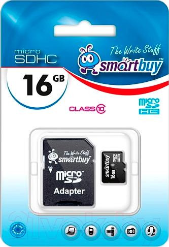 Изображение товара Карта памяти SmartBuy microSDHC (Class 10) 16 Гб + SD адаптер (SB16GBSDCL10-01)