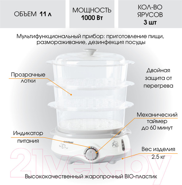 Изображение товара Пароварка стационарная Endever Vita-170 (белый/серый)