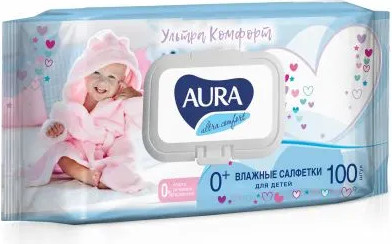 Изображение товара Влажные салфетки детские Aura Ultra Comfort с экстрактом алоэ и витамином Е (100шт)
