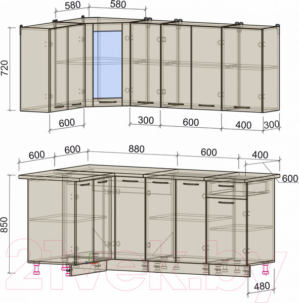 Изображение товара Кухонный гарнитур Интерлиния Мила 12x19 (белый платинум/дуб серый/опал светлый)
