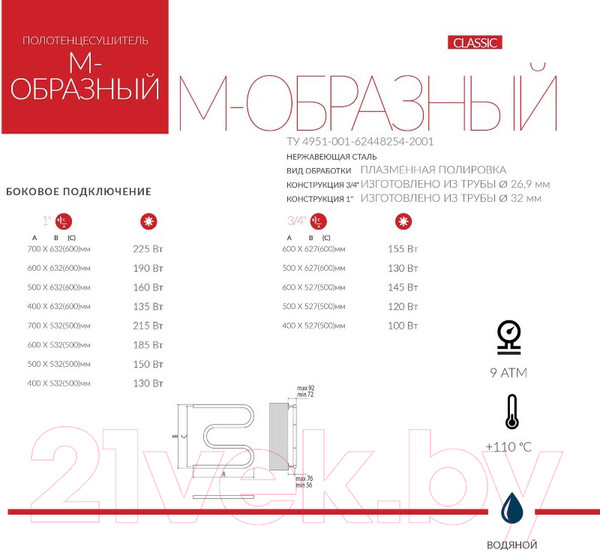 Изображение товара Полотенцесушитель водяной Terminus 32 ПС М-образный 500x400 (с полкой)