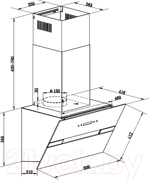 Изображение товара Вытяжка наклонная Maunfeld Mersey 60 (нержавеющая сталь/черное стекло)
