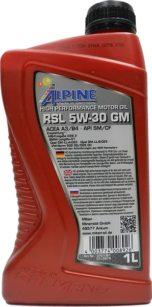 Изображение товара Моторное масло ALPINE RSL 5W30 GM / 0101361 (1л)