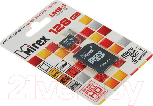Изображение товара Карта памяти Mirex microSDXC UHS-I (Class 10) 128GB + адаптер (13613-AD10S128)