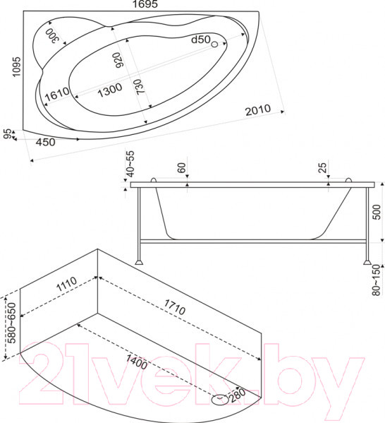 Изображение товара Ванна акриловая BAS Лагуна 170x110 L