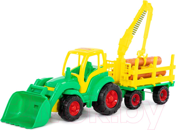Изображение товара Погрузчик игрушечный Полесье Чемпион с ковшом и прицепом-лесовозом / 0483 (в сеточке)