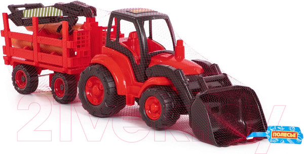 Изображение товара Погрузчик игрушечный Полесье Чемпион с ковшом и прицепом-лесовозом / 0483 (в сеточке)