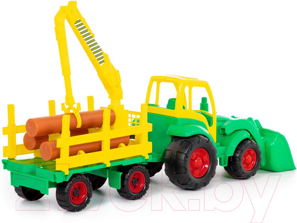 Изображение товара Погрузчик игрушечный Полесье Чемпион с ковшом и прицепом-лесовозом / 0483 (в сеточке)