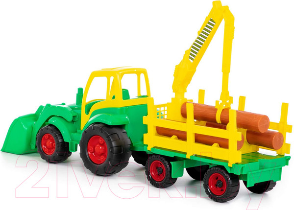 Изображение товара Погрузчик игрушечный Полесье Чемпион с ковшом и прицепом-лесовозом / 0483 (в сеточке)