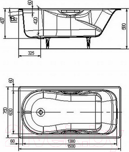 Изображение товара Ванна чугунная Универсал Сибирячка-У 150x75 (1 сорт, без ножек)